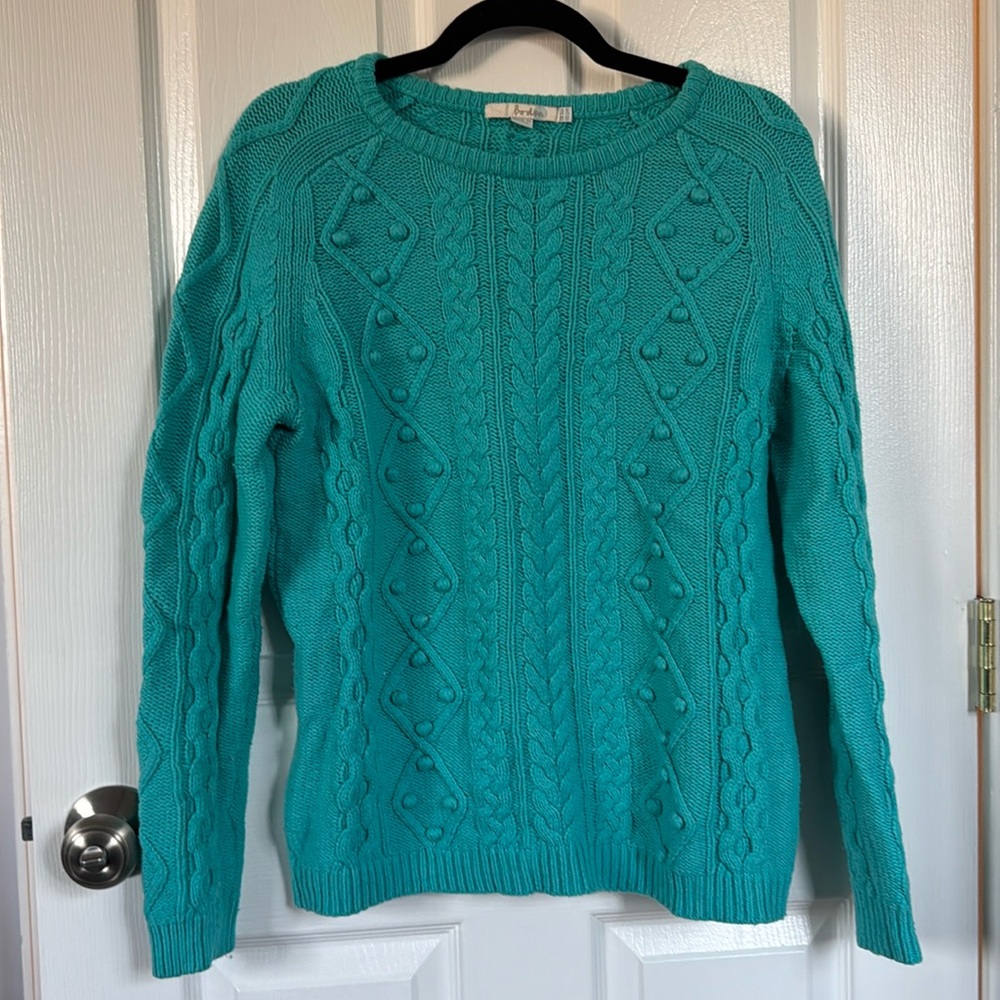 Boden Wool Crew Neck Cable Knit Turquoise Sweater